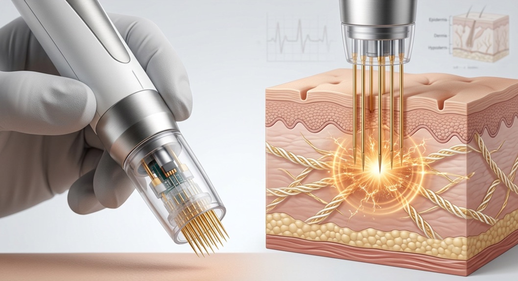 Close-up of a gold-plated microneedling tip with RF energy emission