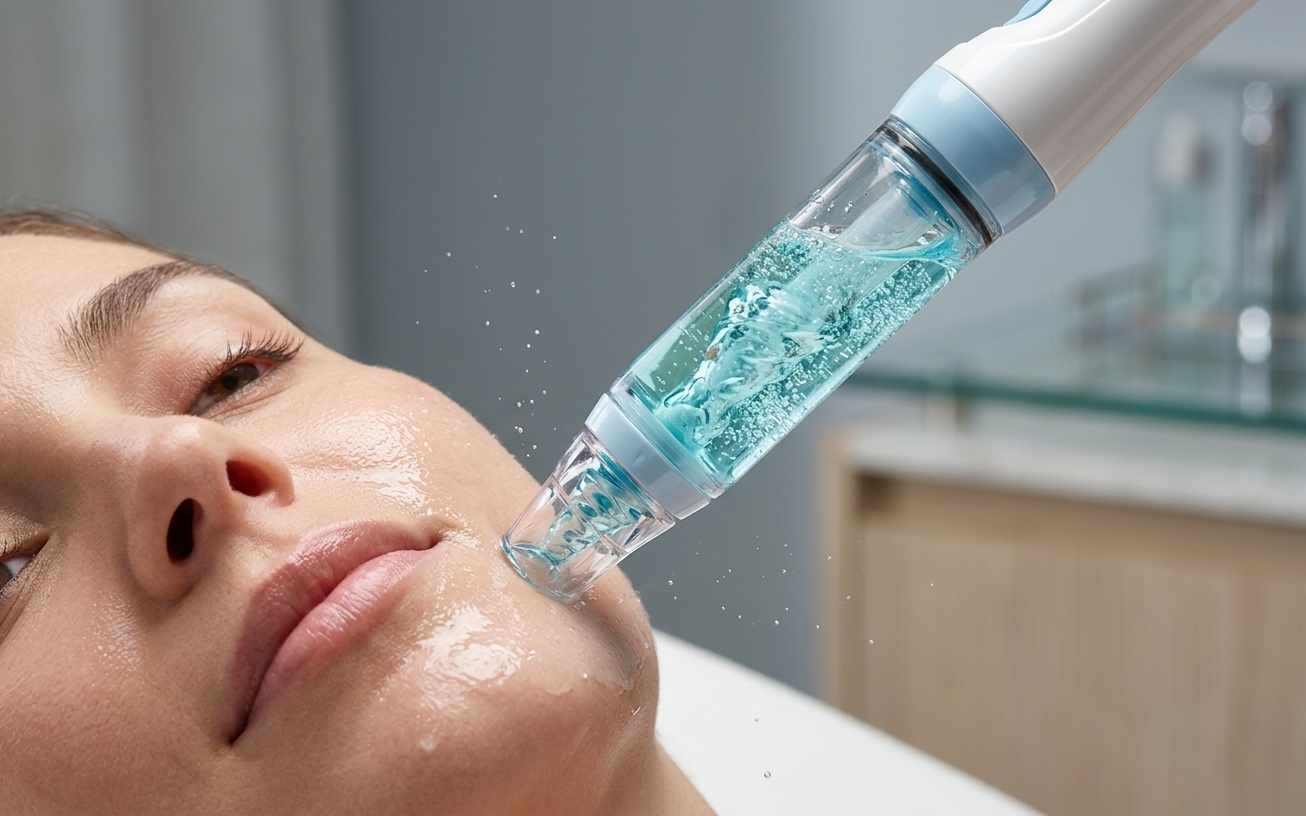 Close-up of the HydraFacial handpiece on skin