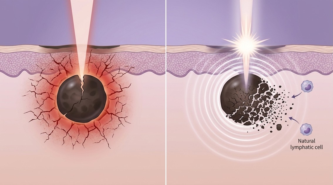 Diagram showing picosecond laser pulses shattering pigment